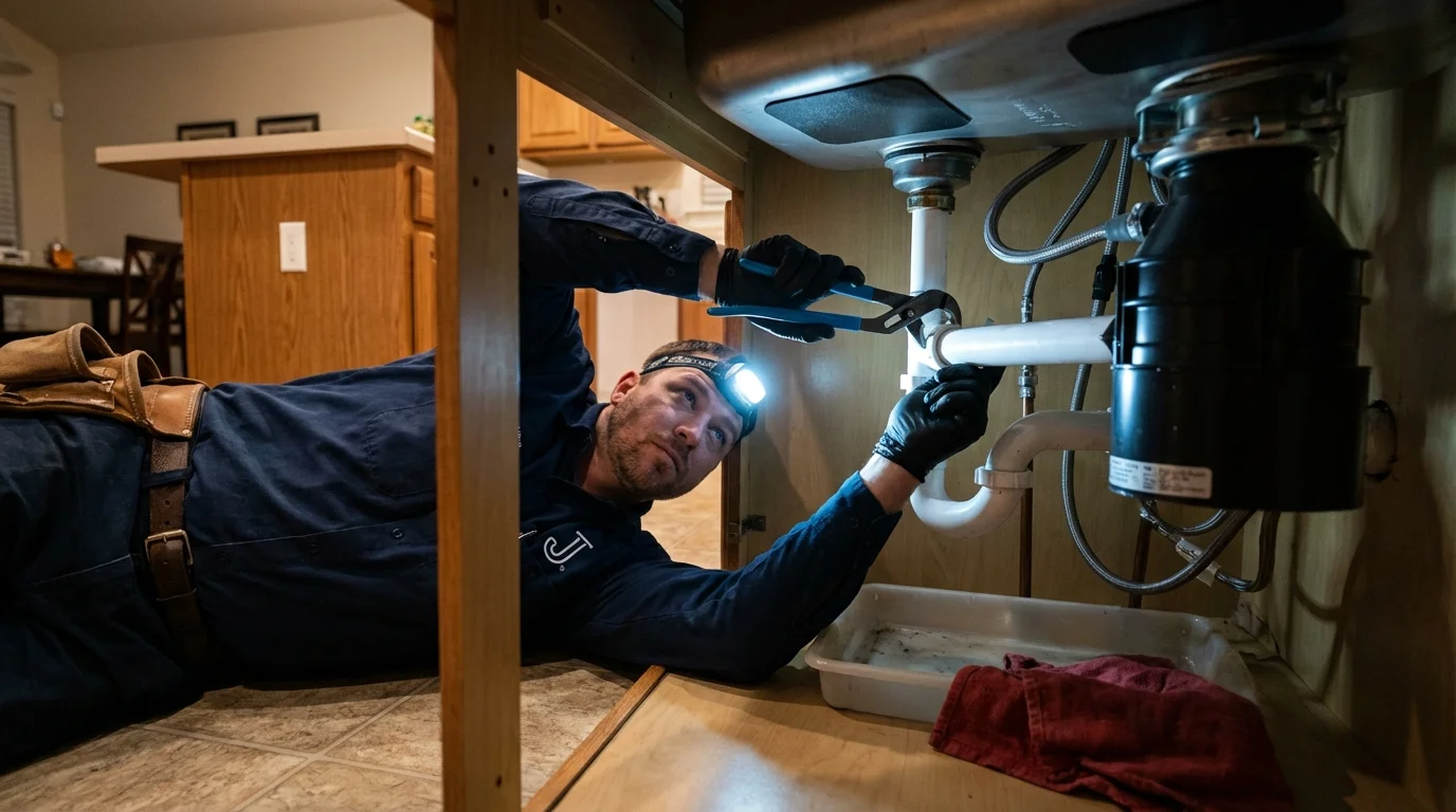 P-trap and supply line connections under a kitchen sink showing a common leak point in Farmington, UT